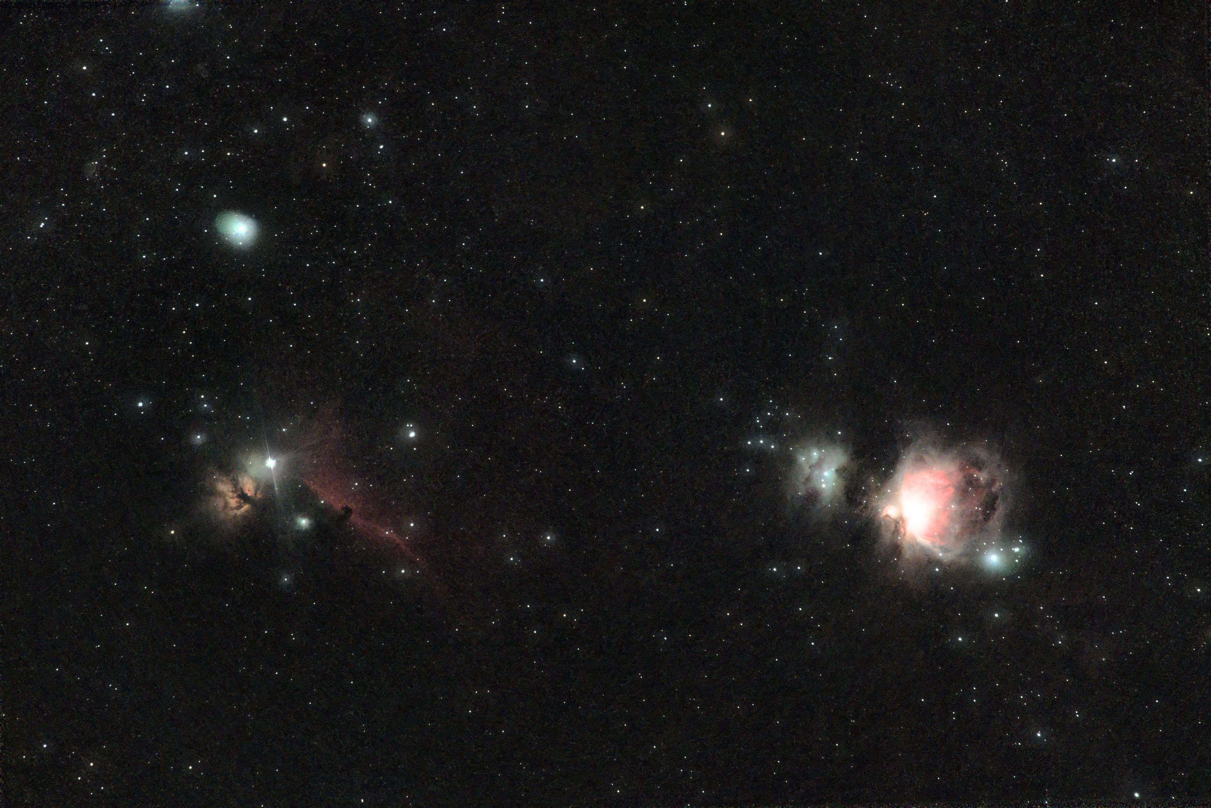 The Flame to Orion nebulae, 30 x 13s exposures at 200mm focal length.